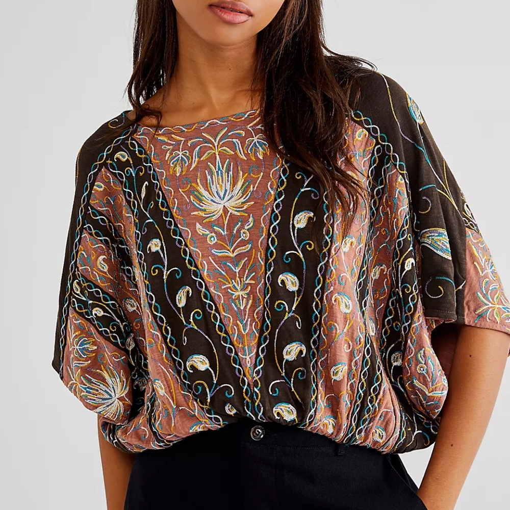 Free People Valley Tee Embroidered Top Size L *Rare*